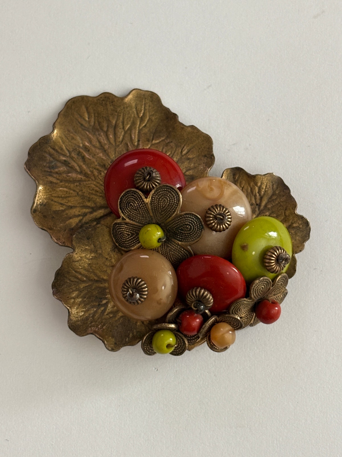 Miriam Haskell By Frank Hess Dress Clip Gold Tone Lily Pads Earth Tone Beads